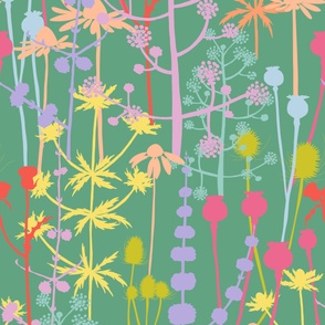 Jumbo - A maximalist floral Spring meadow of bold, colourful, hand drawn silhouettes for the most exciting of wallpapers. Multi-colored fresh and light flowers on a crisp emerald green background.