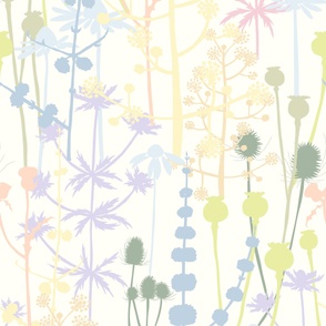 Jumbo - A maximalist floral Spring meadow of bold, colourful, hand drawn silhouettes for the most exciting of wallpapers. Multi-colored delicate and pastel flowers on a cool creamy ivory background.