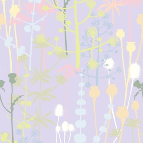 Jumbo - A maximalist floral Spring meadow of bold, colourful, hand drawn silhouettes for the most exciting of wallpapers. Multi-colored delicate and pastel flowers on a cool lilac purple background.