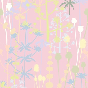 Jumbo - A maximalist floral Spring meadow of bold, colourful, hand drawn silhouettes for the most exciting of wallpapers. Multi-colored delicate and pastel flowers on a soft sugar pink background.