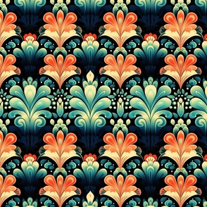 Art Deco Floral Bloom in Midnight and Coral
