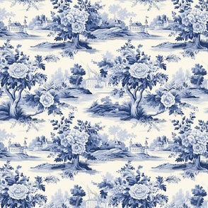Classic Blue Toile de Jouy Countryside Pattern