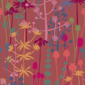 Jumbo - A maximalist floral Summer meadow of bold, colourful, hand drawn silhouettes for the most exciting of wallpapers. Multi-colored blooming and rich flowers on a warm, rich copper background.