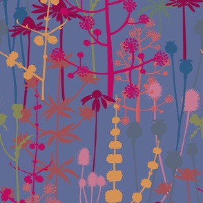 Jumbo - A maximalist floral Summer meadow of bold, colourful, hand drawn silhouettes for the most exciting of wallpapers. Multi-colored blooming and rich flowers on a warm cornflower blue background.