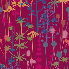 Jumbo - A maximalist floral Summer meadow of bold, colourful, hand drawn silhouettes for the most exciting of wallpapers. Multi-colored blooming and rich flowers on a deep fuchsia pink background.