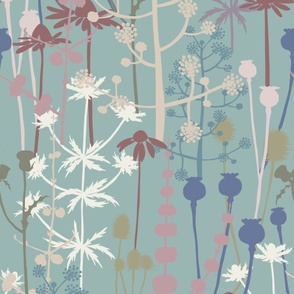 Jumbo - A maximalist floral Summer meadow of bold, colourful, hand drawn silhouettes for the most exciting of wallpapers. Multi-colored soft and muted  flowers on a faded jade green background.