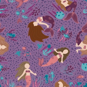 Purple, Peach Pink, and Teal Blue Moody Mermaids Bedding and Wallpaper