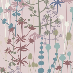 Jumbo - A maximalist floral Summer meadow of bold, colourful, hand drawn silhouettes for the most exciting of wallpapers. Multi-colored soft and muted  flowers on a dusky pinky lilac background.
