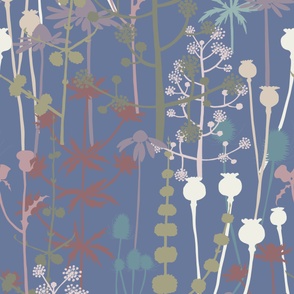 Jumbo - A maximalist floral Summer meadow of bold, colourful, hand drawn silhouettes for the most exciting of wallpapers. Multi-colored soft and muted  flowers on a faded denim blue background.