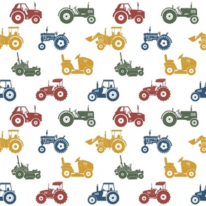 All Kinds of Tractors // Red, Green, Yellow, and Blue on White 