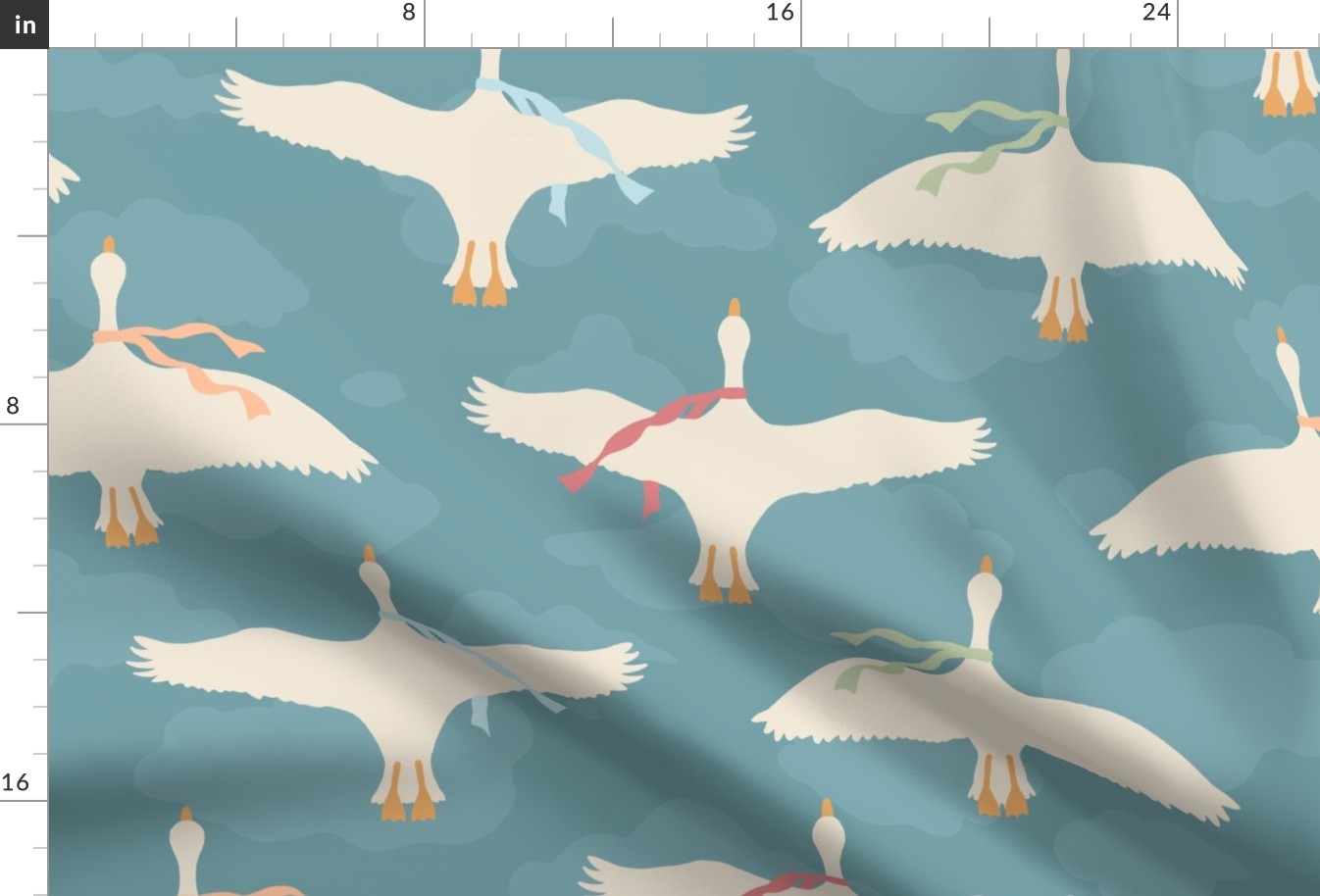 Flying White Geese in Clouds with Scarves XL (24x24)