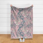 Hummingbirds and Trumpet Flowers, Large Angel Trumpets, Botanical Floral, Poisonous Flower, Vintage Wallpaper,  Pink Background, Peach Flowers, Brugmansia Fabric 