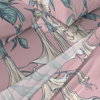 Hummingbirds and Trumpet Flowers, Large Angel Trumpets, Botanical Floral, Poisonous Flower, Vintage Wallpaper,  Pink Background, Peach Flowers, Brugmansia Fabric 