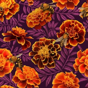Marigold Mirage Marigolds and Honey Bees Pattern in Plum