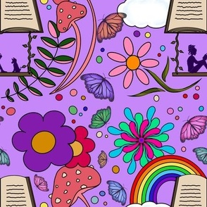 Whimsical girl reading a book to dog rainbows butterflies floral colorful