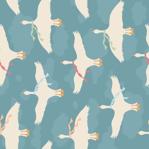Flying White Geese in Clouds with Scarves (XL) ROTATED