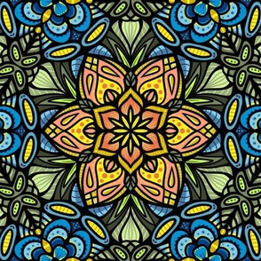 Stained Glass Flower Mandala - Yellows and Blues