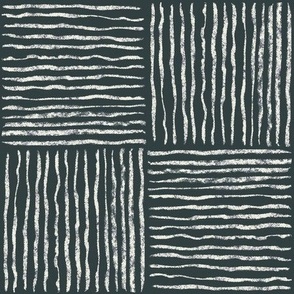 Textured check in regal dark emerald, hand drawn charcoal line art checkers in off white
