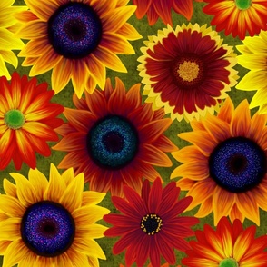 Sun-Daisy Best Sunflower and Daisy Pattern with Green Background