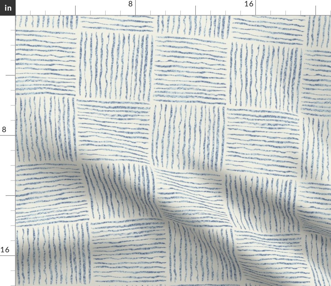 Coastal Hand drawn charcoal line art checkers in off white, ocean sea blue