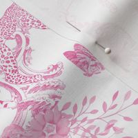 Preppy Chinoiserie Pink Jungle Toile Pattern with Leopards and Monkeys