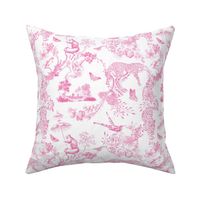 Preppy Chinoiserie Pink Jungle Toile Pattern with Leopards and Monkeys