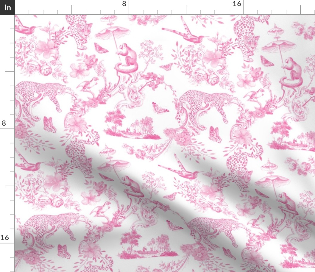 Preppy Chinoiserie Pink Jungle Toile Pattern with Leopards and Monkeys