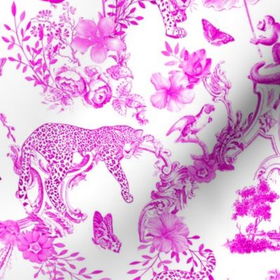 Preppy Chinoiserie Hot Pink Jungle Toile Pattern with Leopards and Monkeys