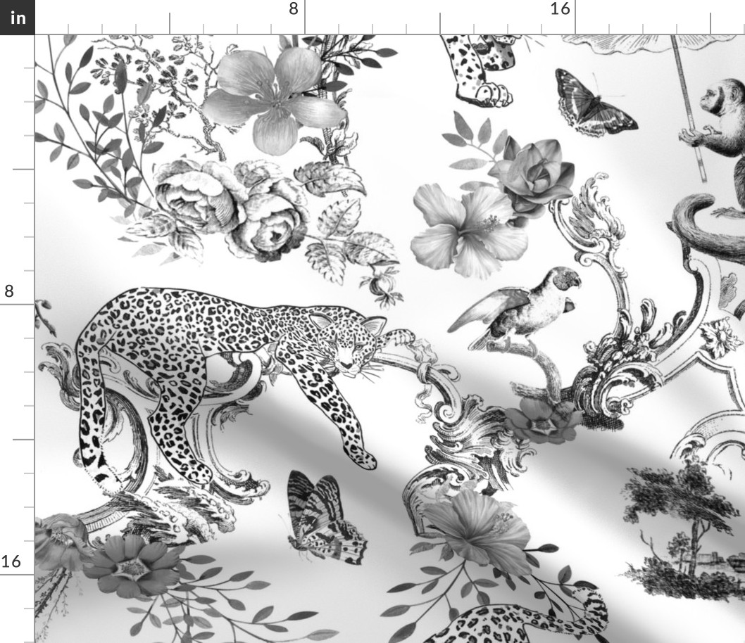 Preppy Chinoiserie Black and White Jungle Toile Pattern with Leopards and Monkeys