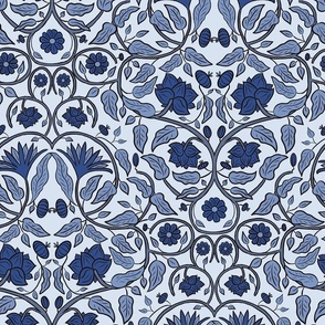 Modern Victorian Floral Damask in Monochrome Blue