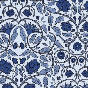 Modern Victorian Floral Damask in Blue, large scale, Arts and Crafts, Heritage, William Morris