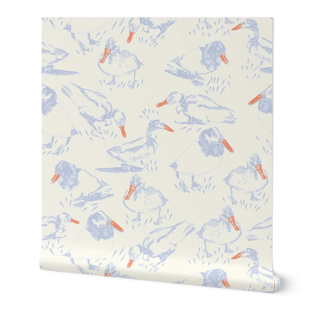 SMALL: Blue Wild ducks  with red beaks on a cream background