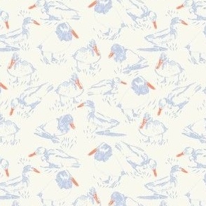 SMALL: Blue Wild ducks  with red beaks on a cream background