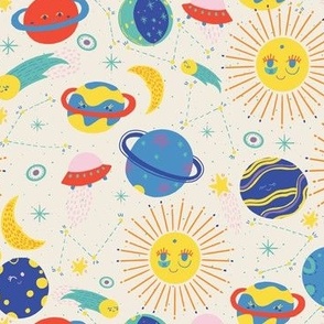 MEDIUM: Primary Colors Outer Space and planets with light cream background