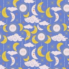 SMALL: Celestial smiling white sun and yellow moon amid the clouds