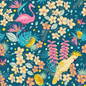 Tropical forests with cockatoos and flamingos large size 18 inch