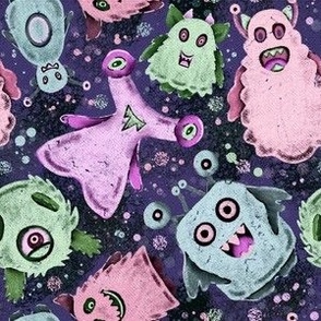 Cute monsters on a purple background. Baby's characters - SMALL scale