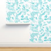 Preppy Chinoiserie French Teal Jungle Toile Pattern with Leopards and Monkeys
