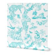 Preppy Chinoiserie French Teal Jungle Toile Pattern with Leopards and Monkeys