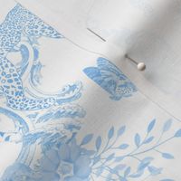 Preppy Chinoiserie French Light Blue Jungle Toile Pattern with Leopards and Monkeys