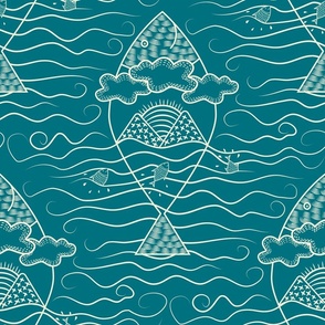 XL-Digital Block Print Fish-Cream on Turquoise