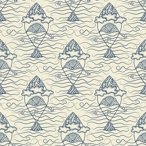 Small-Digital Block Print Fish-Indigo on Cream