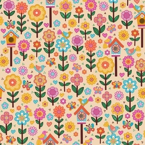 Whimsical Birdhouses Amidst Blooming Florals – Vibrant Nature-Inspired Pattern for Home Decor and Apparel