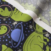 SPACE DINOS with planets moons and stars - green on dark blue background