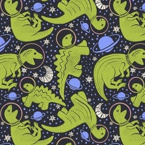 SPACE DINOS | SMALL | with planets, moons and stars - green on dark blue background