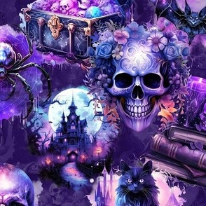 Spooky Halloween Purple Skull Treasure Cat Bat Castle