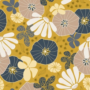(M) hand-drawn flowers in vanilla white, ash grey, olive green, charcoal gray, sand brown on goldenrod yellow