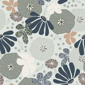 (M) hand-drawn flowers in vanilla white, ash grey, olive green, charcoal gray, sand brown on platinum grey