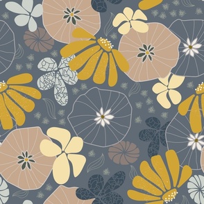 (M) hand-drawn flowers in dark grey, vanilla white, charcoal gray, sand brown, goldenrod yellow on ash grey background