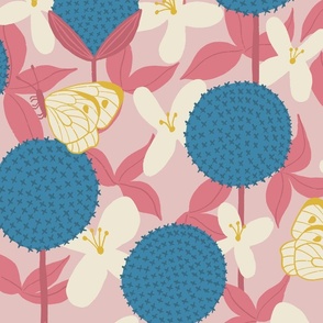 (L) Allium and Clematis Bold Handdrawn Garden Floral with Butterflies in Pink Cream and Blue on a Pale Pink Background